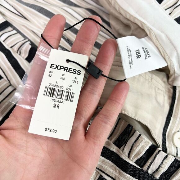 Express Paperbag Dress Pants Womens 16R Tan Stripe Ankle High Rise New Preppy - Picture 5 of 12